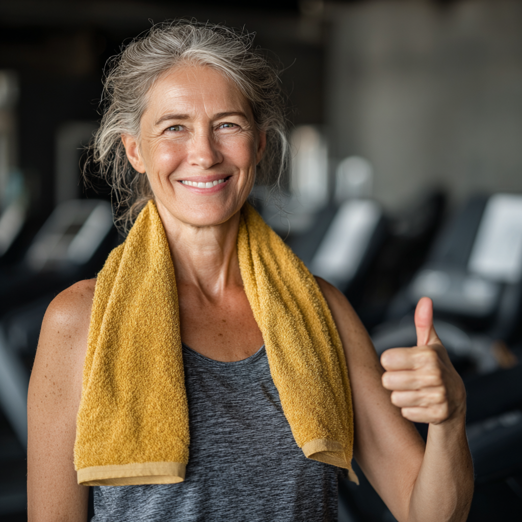 Усміхнена європейська жінка середнього віку в спортивному одязі тримає гантелі в сучасному фітнес-залі, демонструючи здоровий та активний спосіб життя