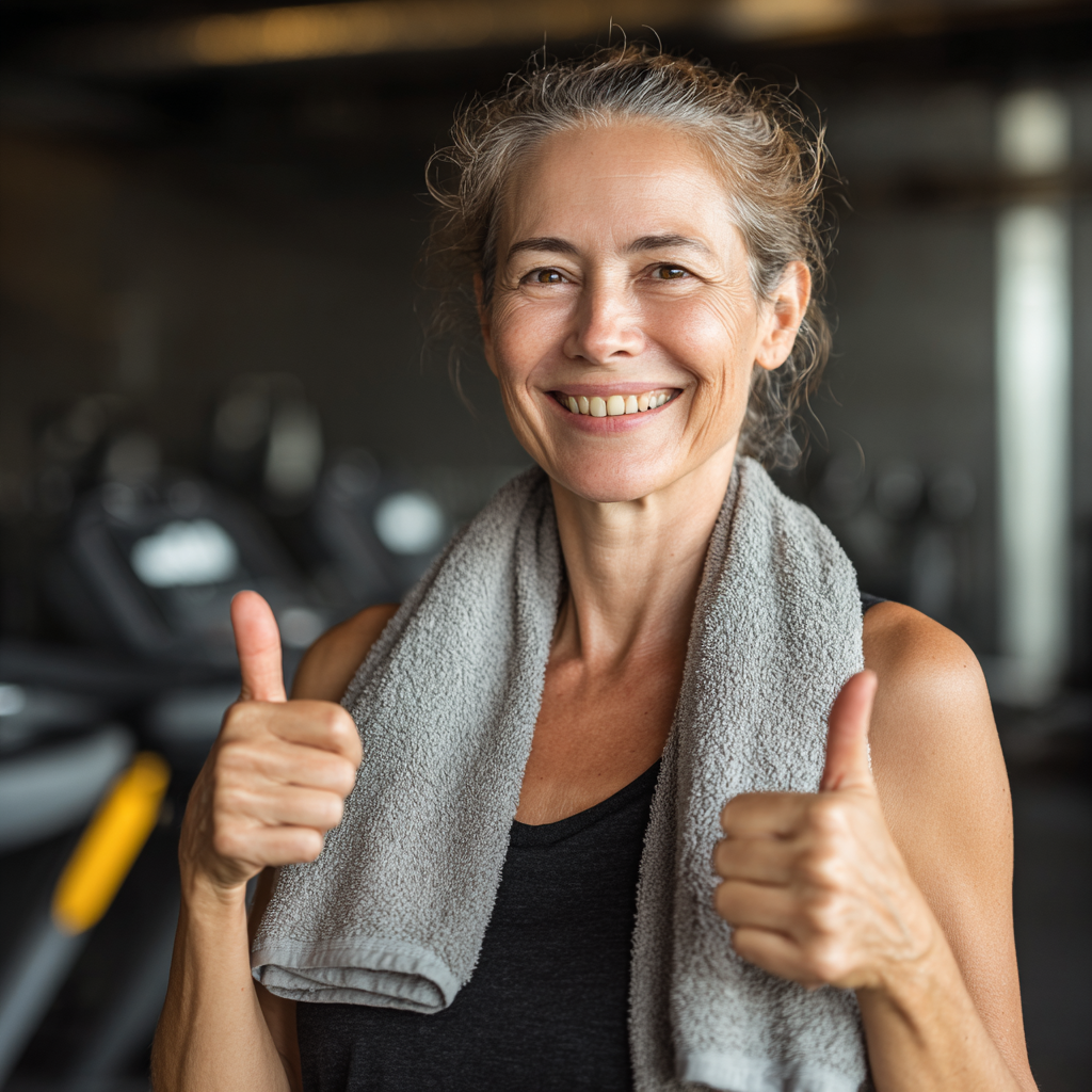 Усміхнений європейський чоловік середнього віку в спортивному одязі демонструє правильну техніку виконання вправ у професійно обладнаному фітнес-залі