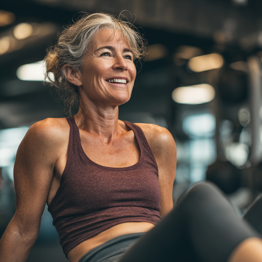 Група задоволених клієнтів strevino різного віку європейської зовнішності позує разом після успішного групового тренування у сучасному фітнес-залі, демонструючи дружню атмосферу та спільноту